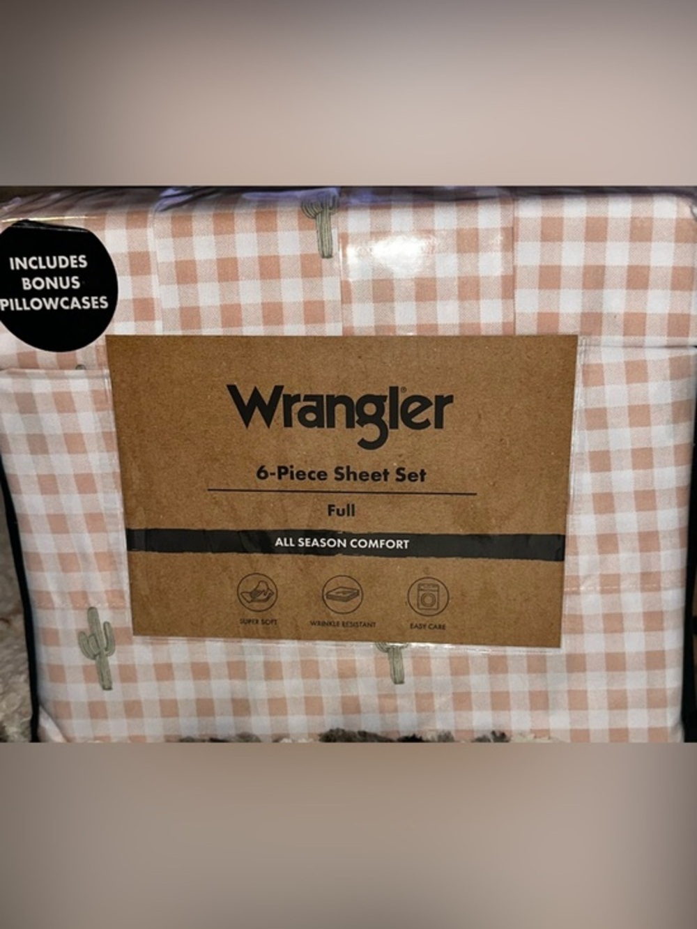 NEW Wrangler Pink/Blush & White Gingham Full Sheet Set with Cactus 🌵